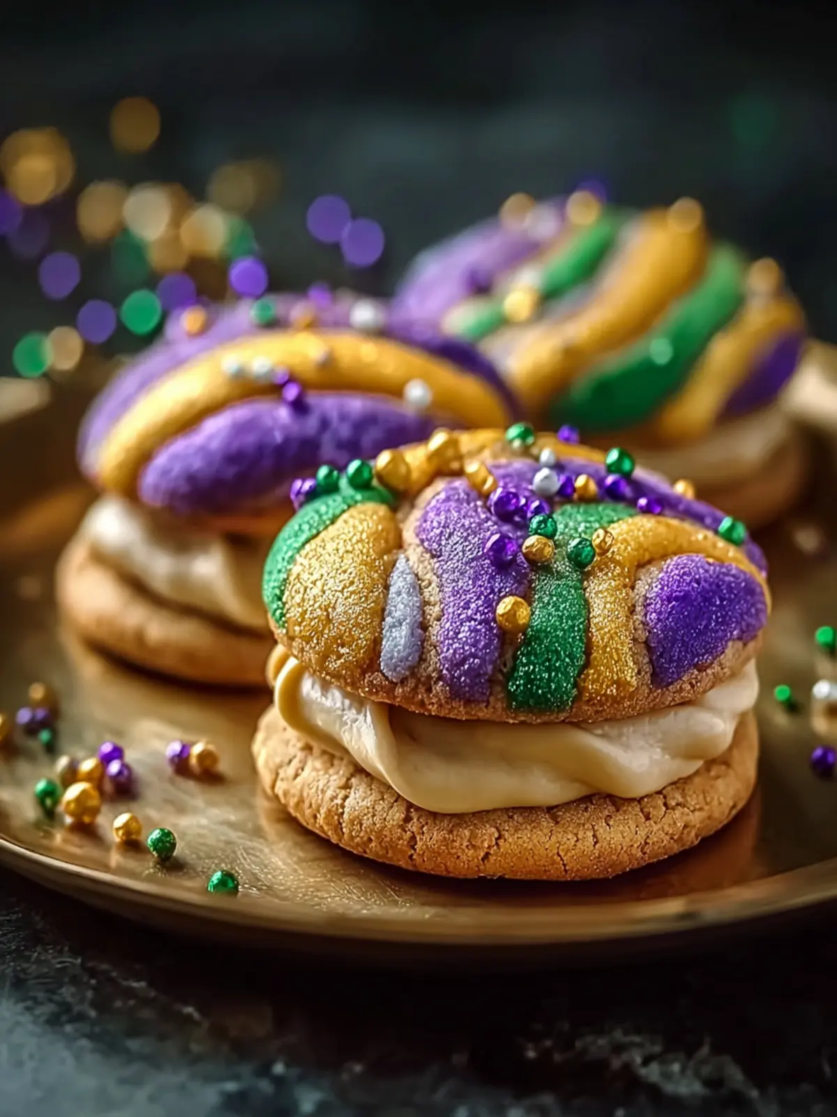 Mardi Gras King Cake Cookies with Creamy Sweet Surprise First Image